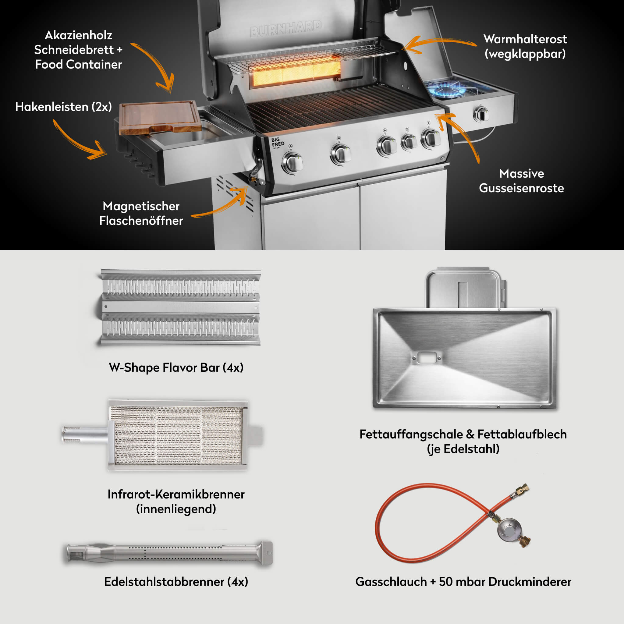 Burnhard Big FRED Deluxe Gasgrill Edelstahl 4-Brenner mit Gusseisenrost Series 4 - Image 3