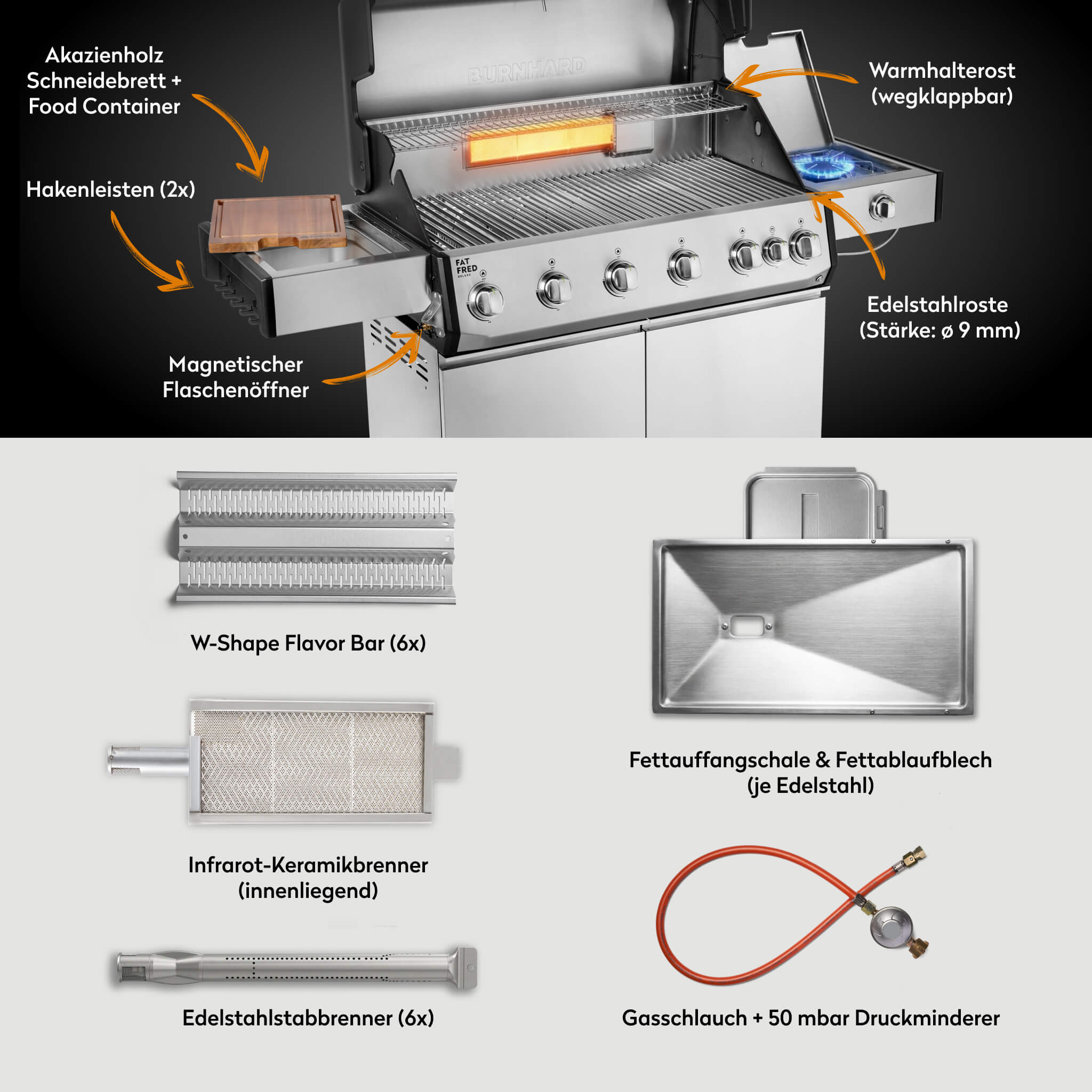 Burnhard Fat FRED Deluxe Gasgrill 6-Brenner Edelstahl mit Edelstahlrost Series 4 - Image 2