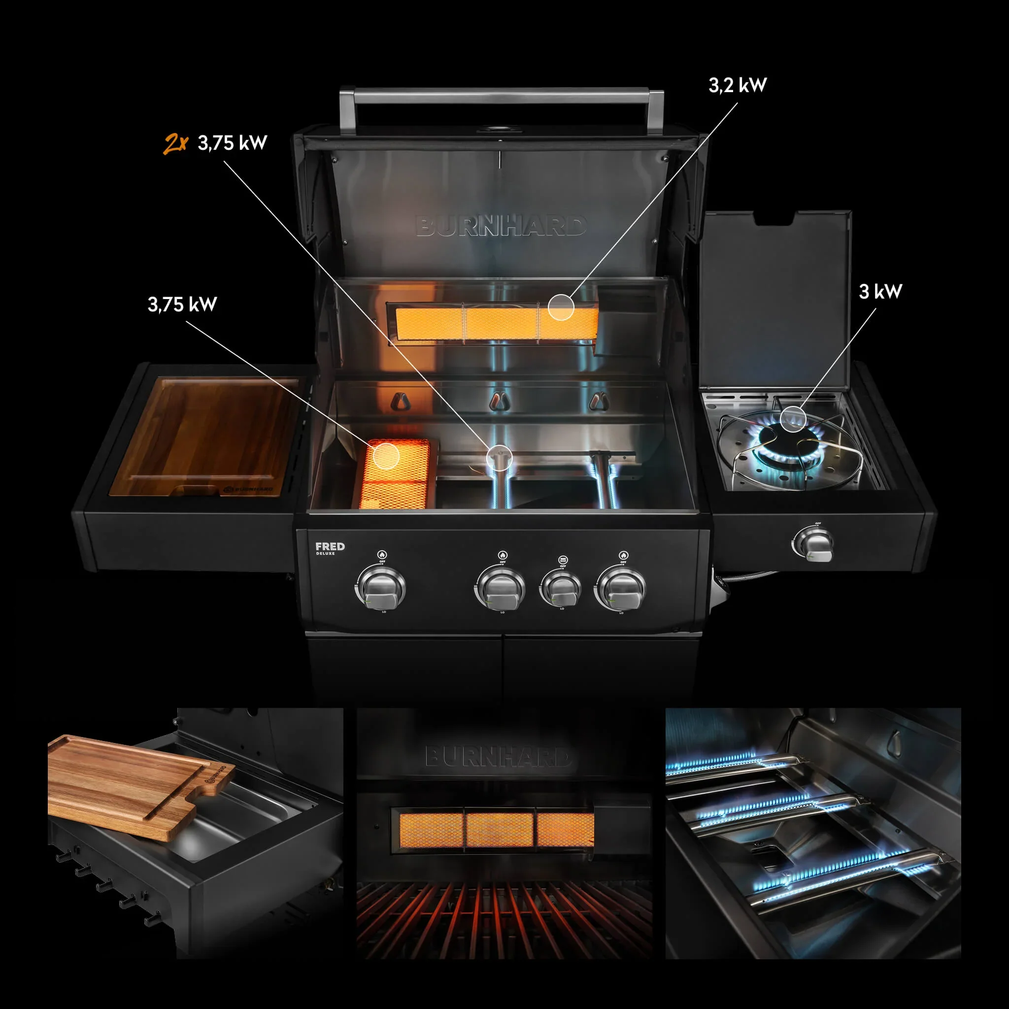 Burnhard FRED Deluxe Gasgrill 3-Brenner Black Edition mit Edelstahlrost Series 4 - Image 2