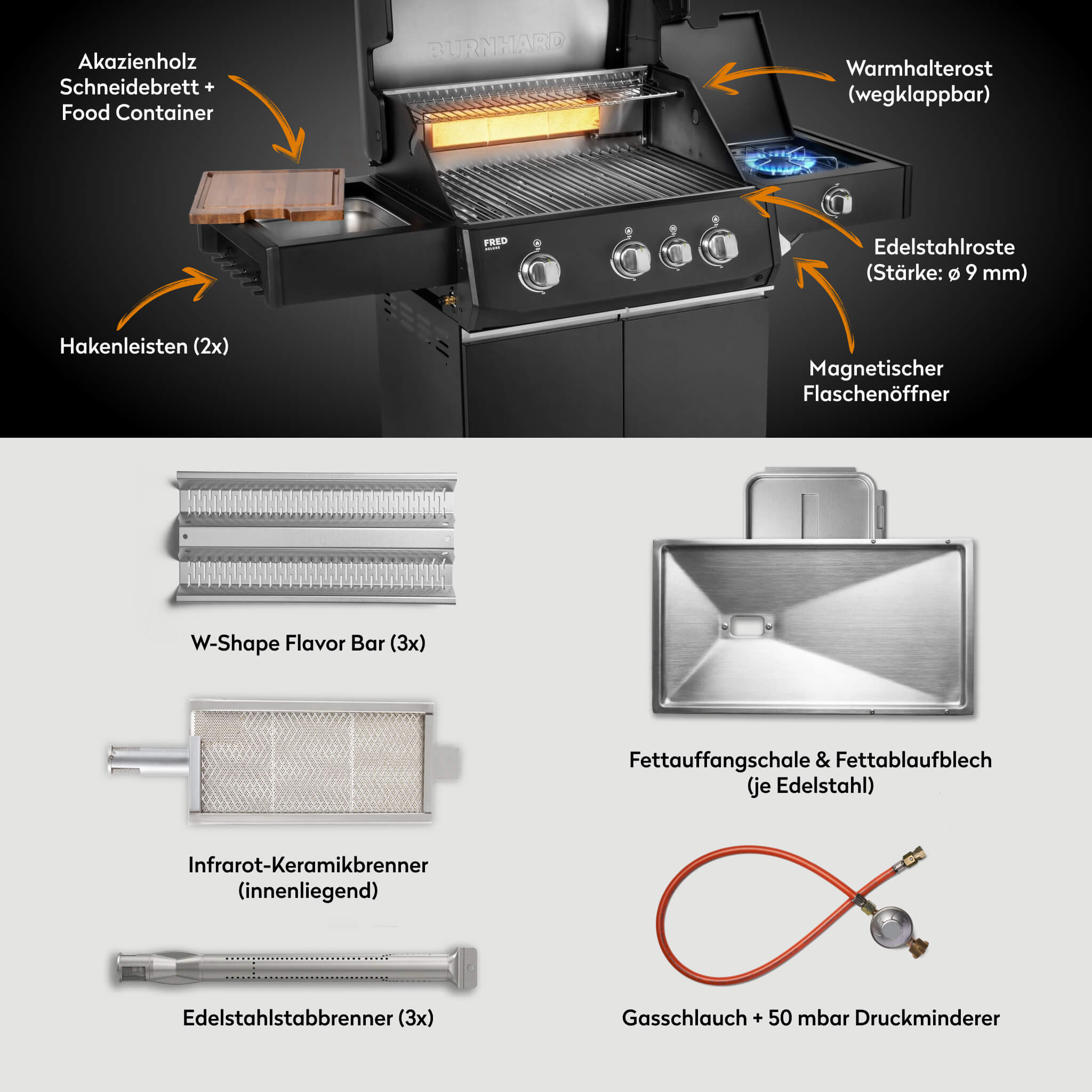 Burnhard FRED Deluxe Gasgrill 3-Brenner Black Edition mit Edelstahlrost Series 4 - Image 3