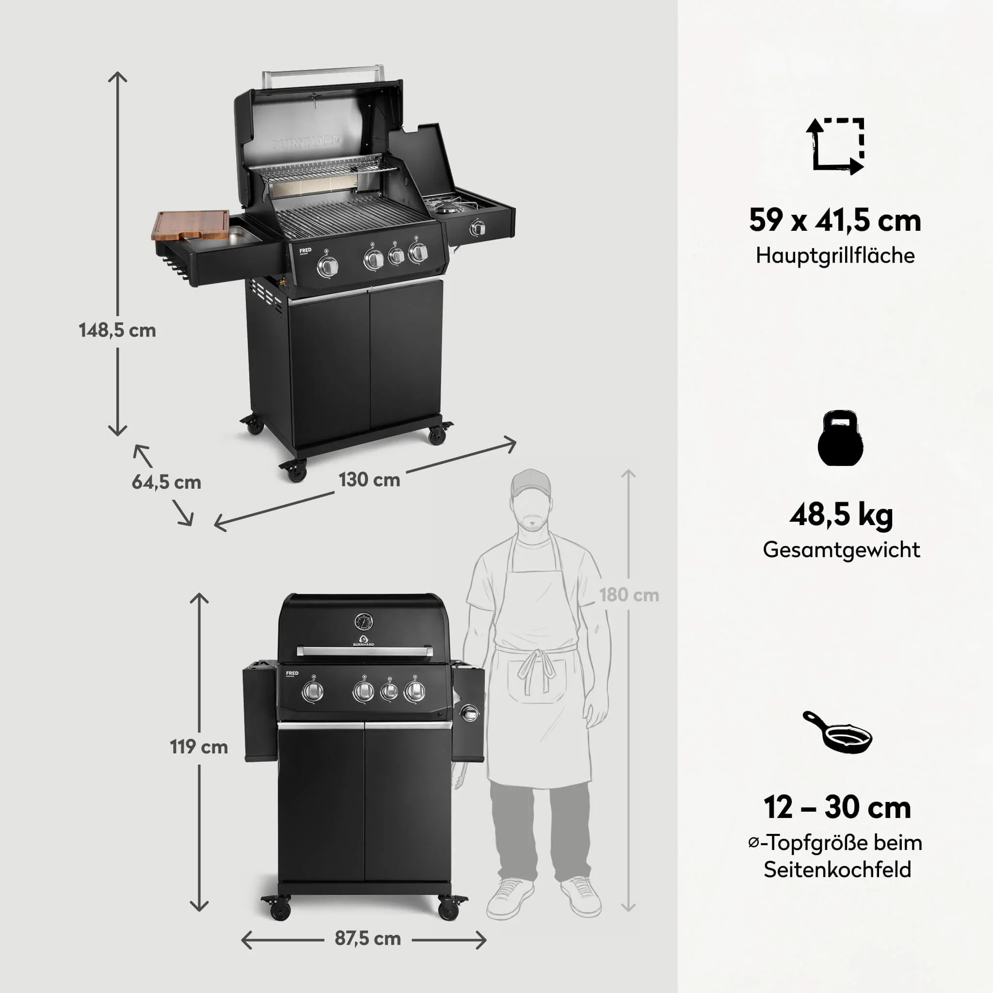 Burnhard FRED Deluxe Gasgrill 3-Brenner Black Edition mit Edelstahlrost Series 4 - Image 4