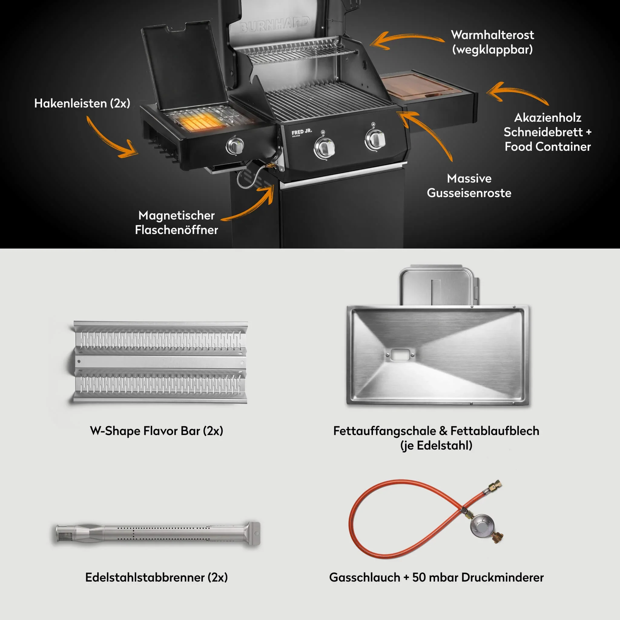 Burnhard FRED Jr. Deluxe Gasgrill Black Edition 2-Brenner mit Edelstahlrost Series 4 - Image 3
