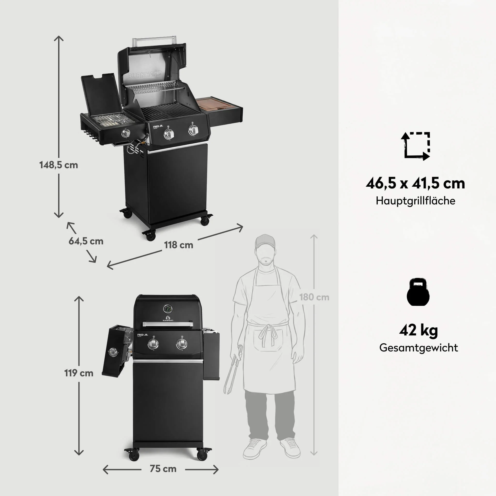Burnhard FRED Jr. Deluxe Gasgrill Black Edition 2-Brenner mit Gussrost Series 4 - Image 4