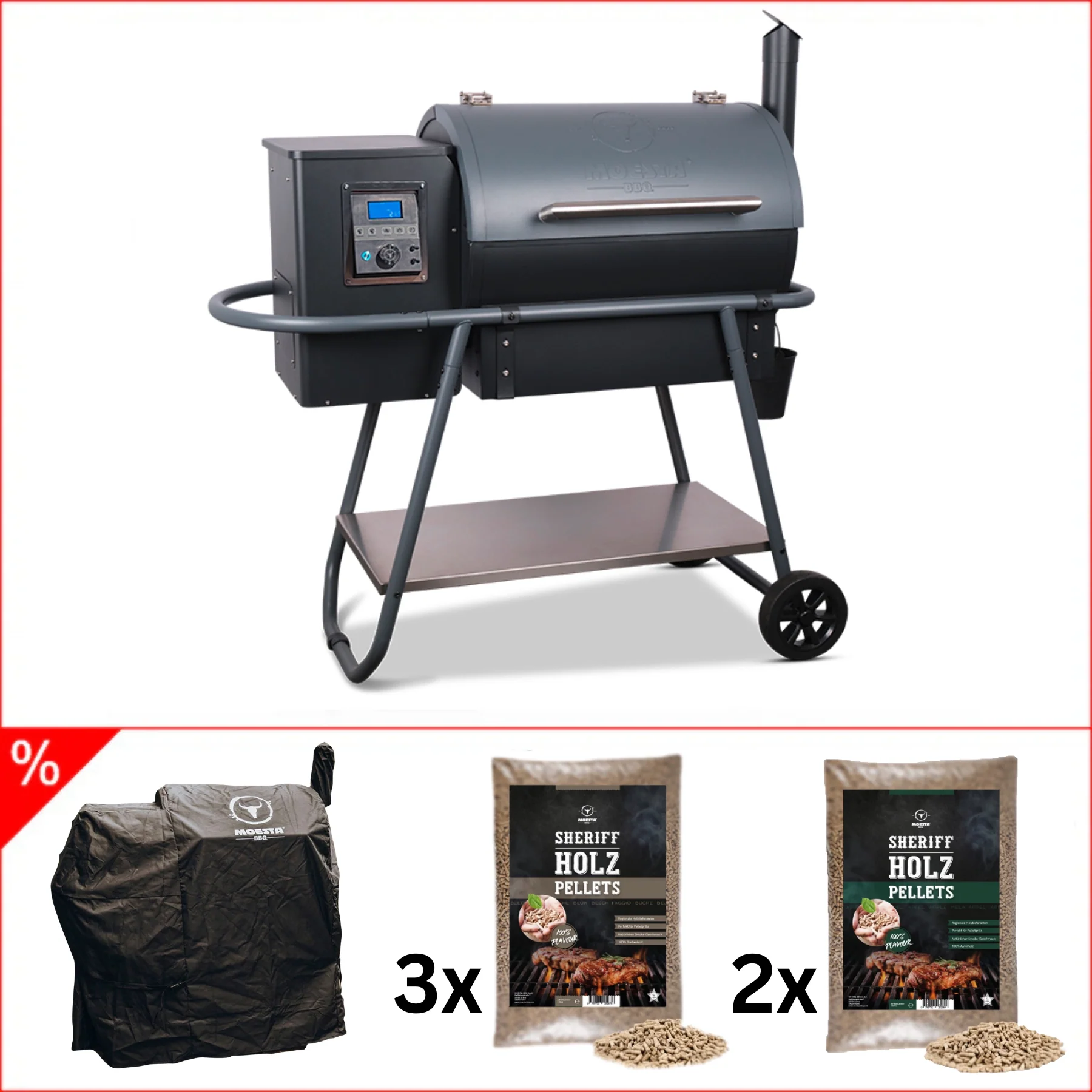 Moesta Pelletgrill Sheriff Bundle, 4-tlg. - inkl. Abdeckhaube & Hartholzpellets