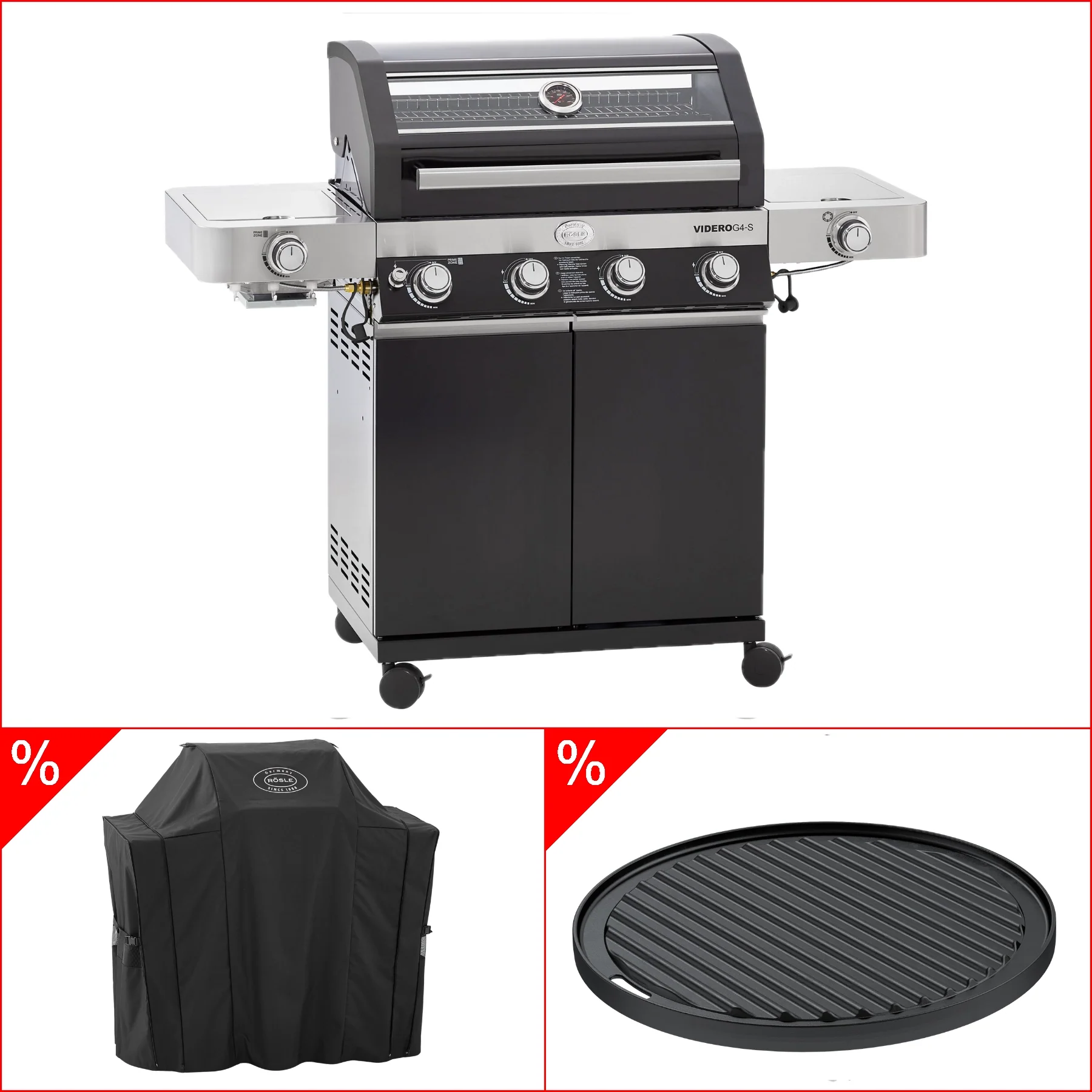 Rösle VIDERO G4-S Vario + 50 mbar inkl. Abdeckhaube und Grillplatte rund